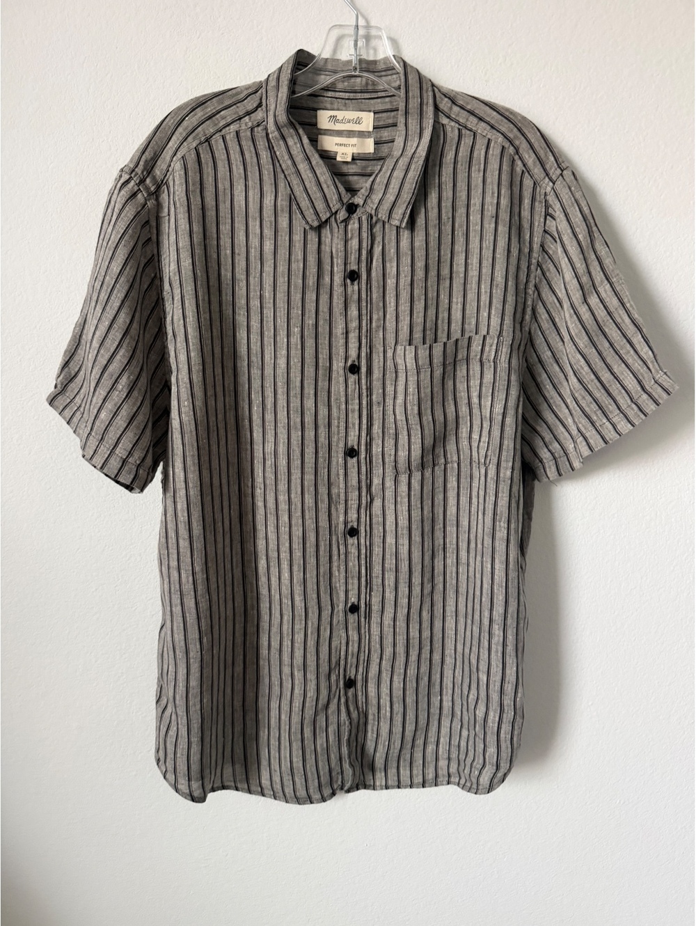 Madewell Gray/Black Striped 100% Linen Short Sleeve Regular Fit Shirt Size XL